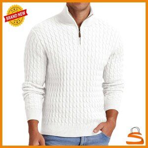 Men's Quarter Zip Cable Knit Pullover Sweater Mock Neck Casual Winter